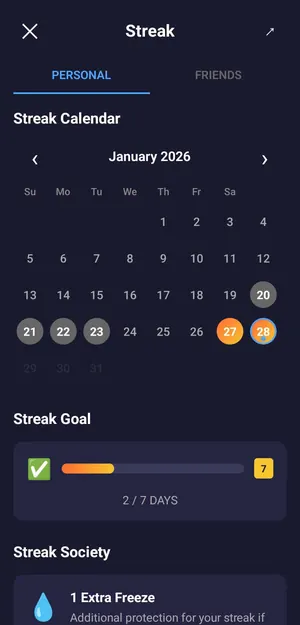 Wordigo streak calendar with a weekly streak goal