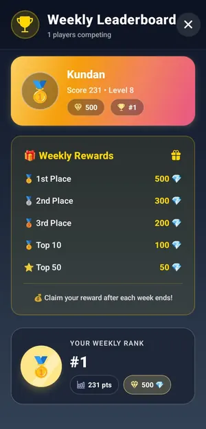 Wordigo weekly leaderboard with rewards for top players